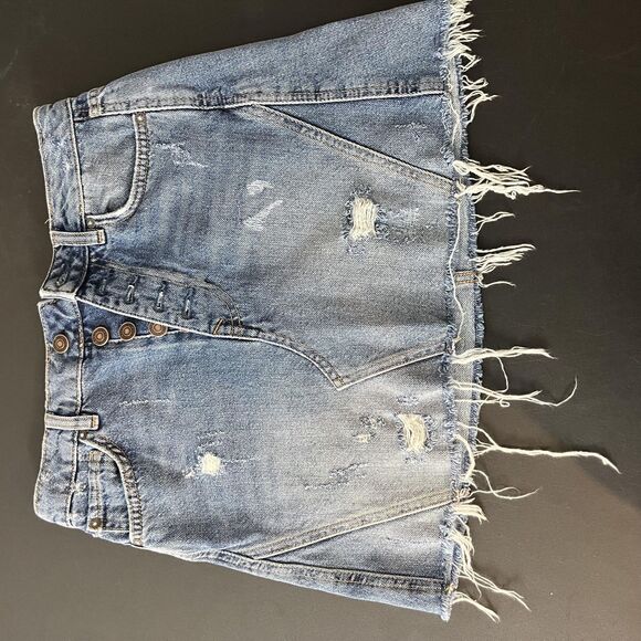 We The Free Skirt Womens 28 Denim Distressed Button Fly Mini Free People - Picture 1 of 6